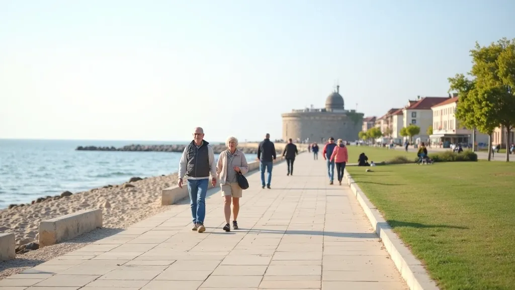 Liepājas piekrastes promenāde ar viduslaiku pils fragmentiem un jūras horizontu