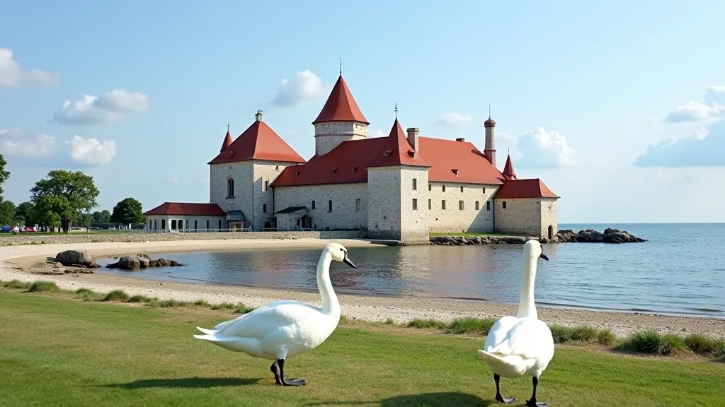 Ventspils piekrastes pils ar sarkanajiem jumtiem un jūras brēcēm